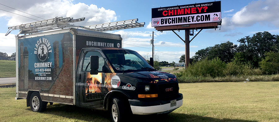 black velvet chimney service truck with billboard