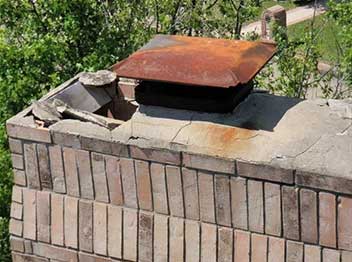 Rusted chimney cap and cracked crown with greenery in the background