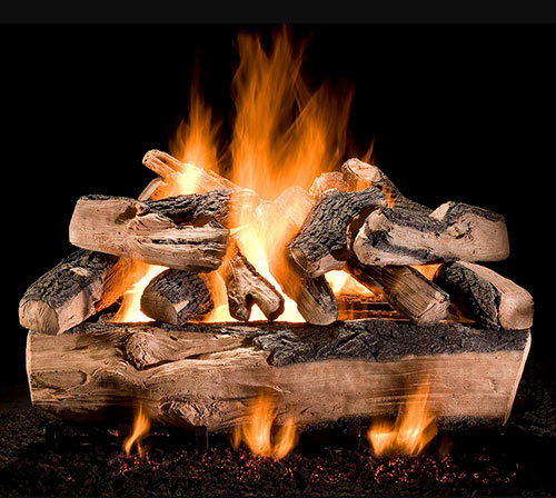 Hargrove gas log set made from real wood castings-fireplace is burning