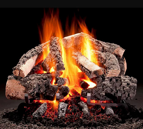 Hargrove gas log set with beautiful flames and cast wood that looks real