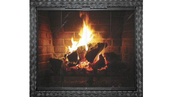 Stock photo of Glass Door on Fireplace-Black Velvet Chimney Thermo-Rite glass door on fireplace firebox that has a black facing and a nice roaring fire