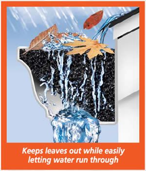 Gutter Stuff graphic showing rain gutters letter water go through and keep leave and debris out